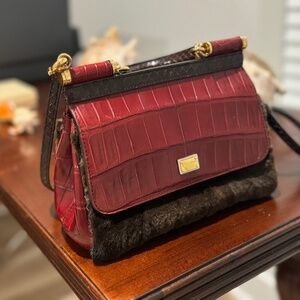 Dolce E Gabbana Limited Edition Burgundy Leather Brown Mink Miss Sicily Handbag